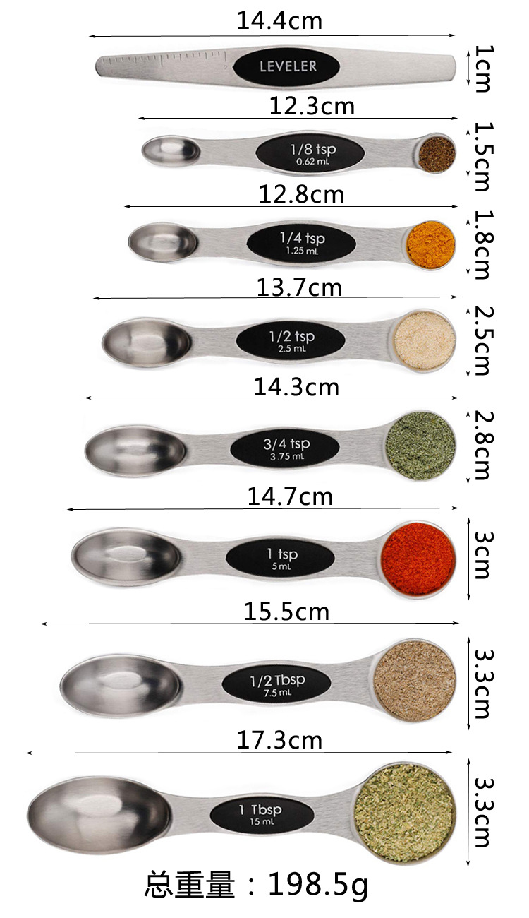 Baking Tool Stainless Steel Measuring Spoons-Dual Ends 8-Piece Set Seasoning Spoon Scale Measuring Magnetic Holder Spoon Scraper Baking Tool Stainless Steel Measuring Spoons-Dual Ends 8-Piece Set Seasoning Spoon Scale Measuring Magnetic Holder Spoon Scraper