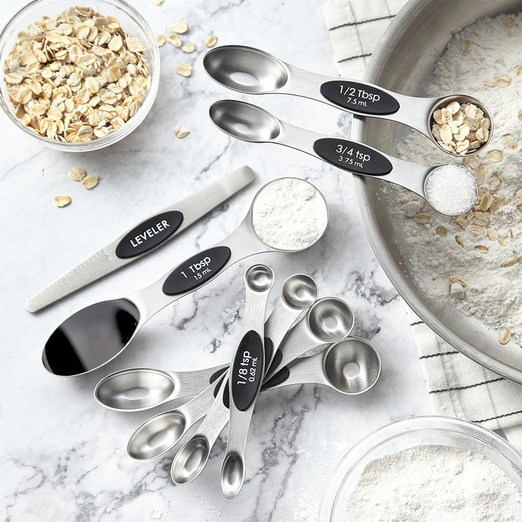 Baking Tool Stainless Steel Measuring Spoons-Dual Ends 8-Piece Set Seasoning Spoon Scale Measuring Magnetic Holder Spoon Scraper Baking Tool Stainless Steel Measuring Spoons-Dual Ends 8-Piece Set Seasoning Spoon Scale Measuring Magnetic Holder Spoon Scraper