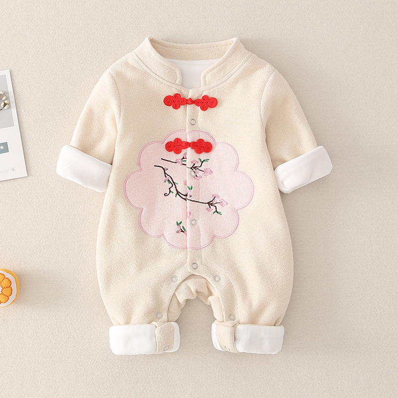 Cross-Border One Month Old Baby Clothes Princess Autumn and Winter Fleece-Lined Baby Girl Hanfu Jumpsuit Newborn Outerwear Hug