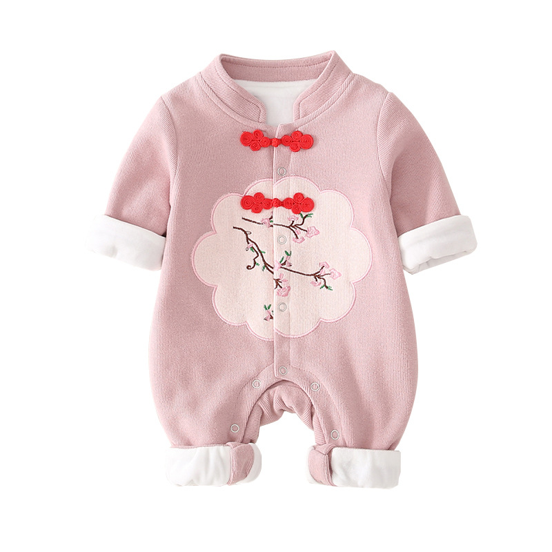 Cross-Border One Month Old Baby Clothes Princess Autumn and Winter Fleece-Lined Baby Girl Hanfu Jumpsuit Newborn Outerwear Hug