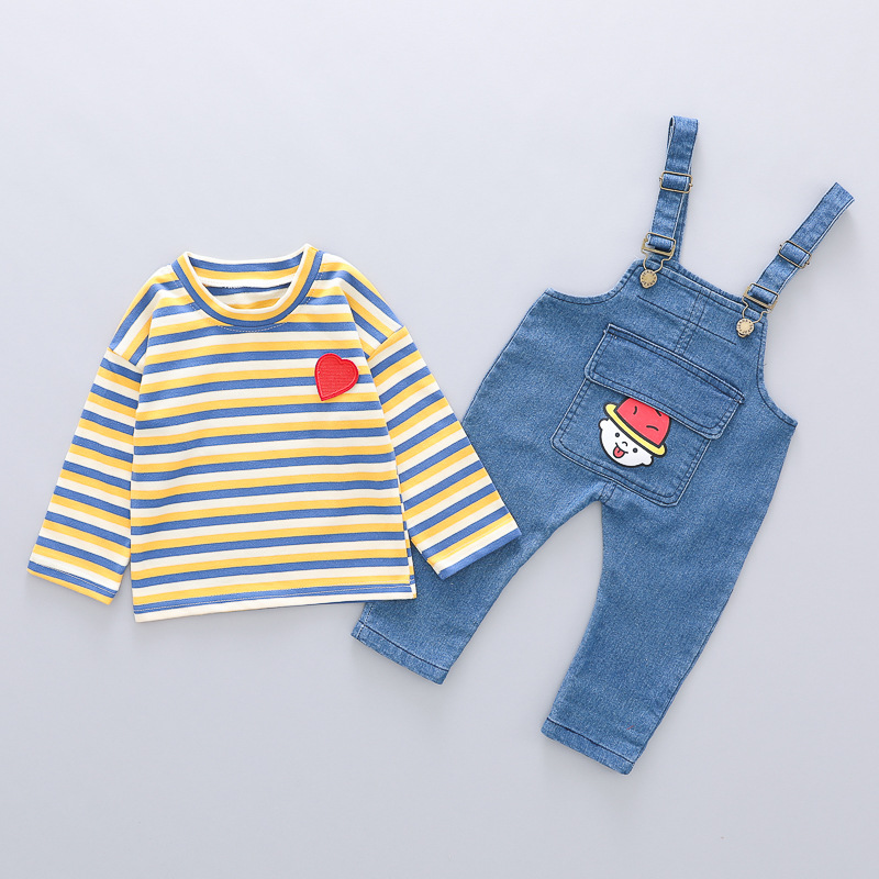 Autumn and Winter New Male Baby Clothes Love Romper Suspender Pants Two-Piece Cute Children's Clothing Baby Denim Suit