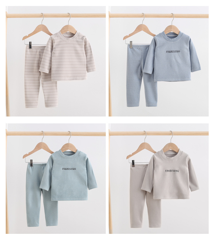 2021 New De Velvet Suit Boys and Girls Autumn and Winter Homewear Warmer Single-Layer Fleece-Lined Autumn Clothes Long Pants Baby Clothes