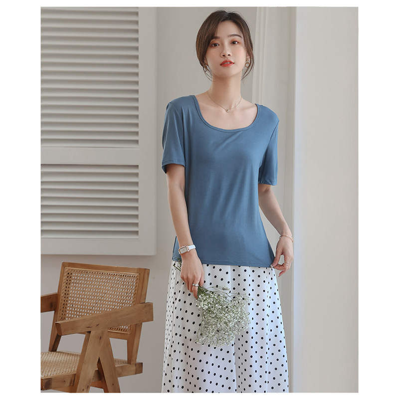 [Seaweed Spinning] Square Collar Short Sleeve White T-shirt for Women 2022 New Solid Color Simple Loose Bottoming Shirt for Women