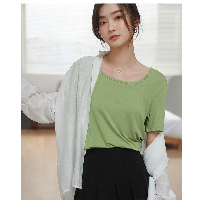 [Seaweed Spinning] Square Collar Short Sleeve White T-shirt for Women 2022 New Solid Color Simple Loose Bottoming Shirt for Women