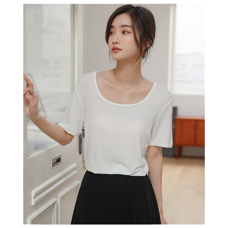 [Seaweed Spinning] Square Collar Short Sleeve White T-shirt for Women 2022 New Solid Color Simple Loose Bottoming Shirt for Women
