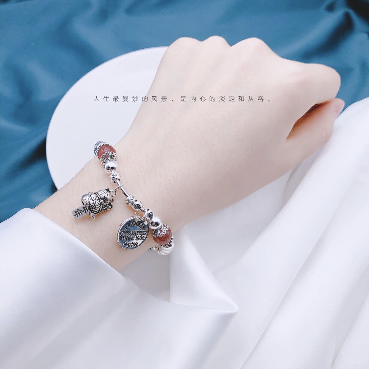 S925 Women's Sterling Silver Strawberry Quartz Lucky Cat Bracelet Imported Elastic Rope Fat and Thin Can Be Worn Ins Special-Interest Design S925 Women's Sterling Silver Strawberry Quartz Lucky Cat Bracelet Imported Elastic Rope Fat and Thin Can Be Worn Ins Special-Interest Design