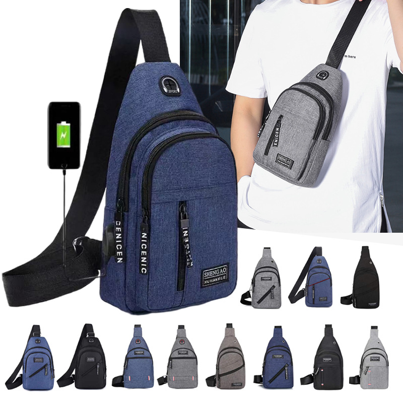 Cross-Border Small Chest Bag Fashion Oxford Cloth Crossbody Shoulder Bag USB Earphone Hole Large Capacity Men&#039;s Chest Bag