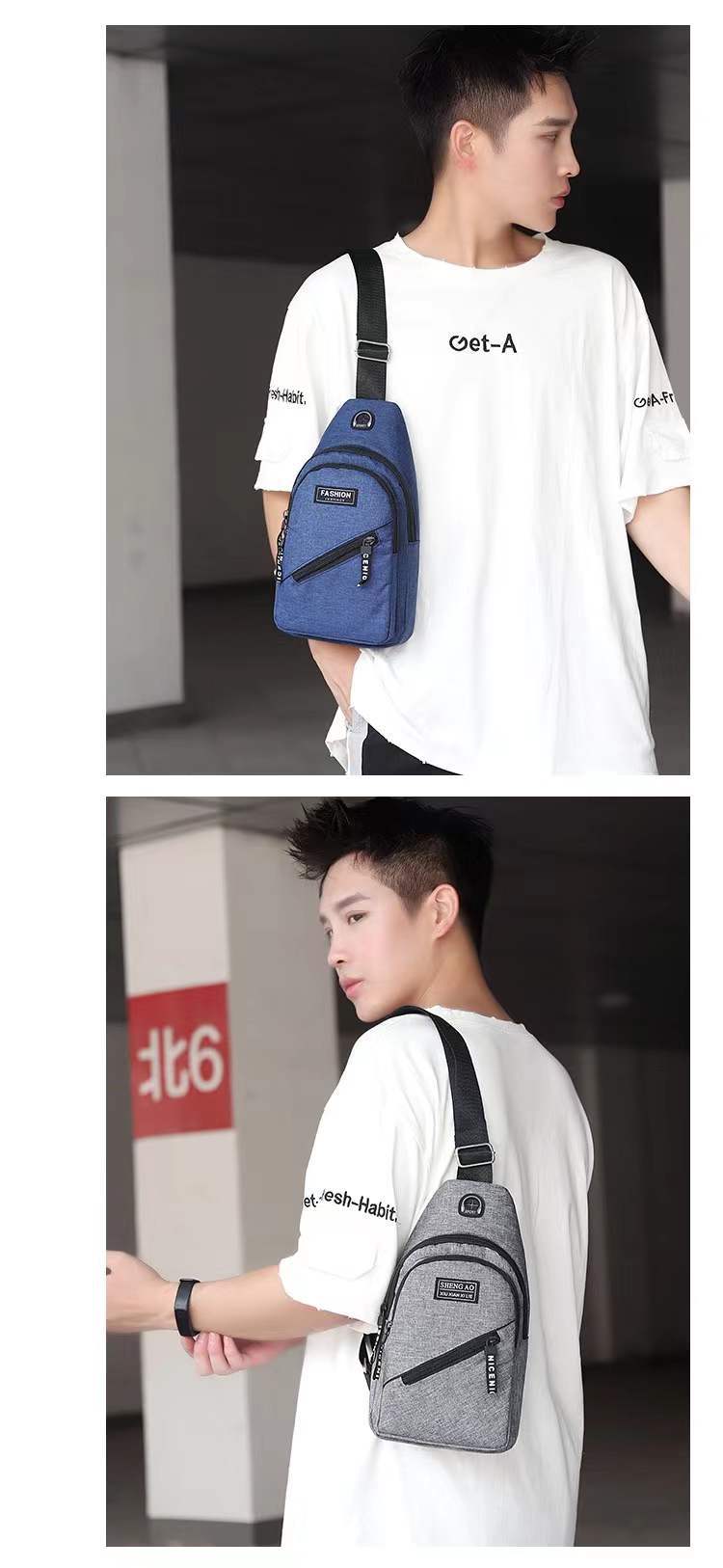 Cross-Border Small Chest Bag Fashion Oxford Cloth Crossbody Shoulder Bag USB Earphone Hole Large Capacity Men's Chest Bag