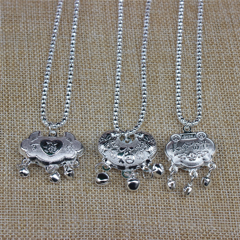 New Ethnic Style Imitation Silver Necklace Retro Longevity Lock-Shaped Pendant Long Life Hundred-Year-Old Necklace Imitation Silver Necklace for Women