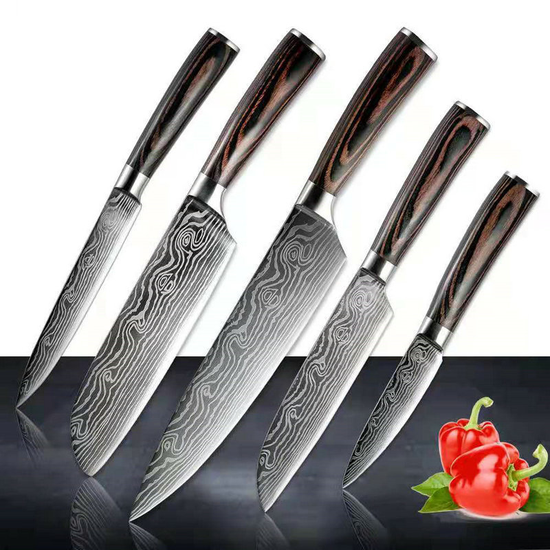 Color Wooden Handle Chef Kitchen Knife Laser Pattern Steel Knife Processing Printable Logo Stainless Steel Chef Knife