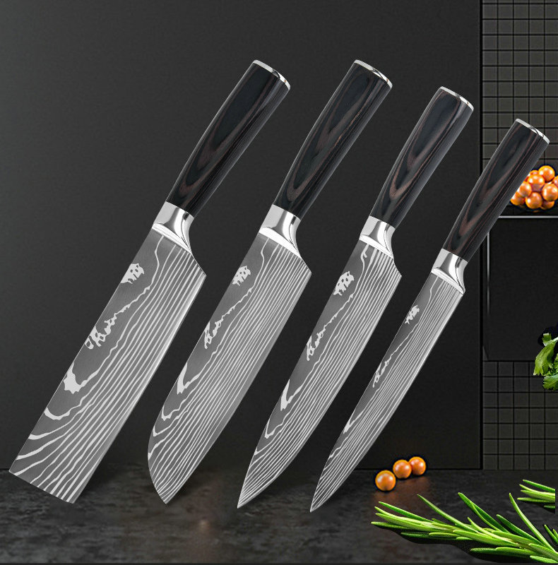 Color Wooden Handle Chef Kitchen Knife Laser Pattern Steel Knife Processing Printable Logo Stainless Steel Chef Knife