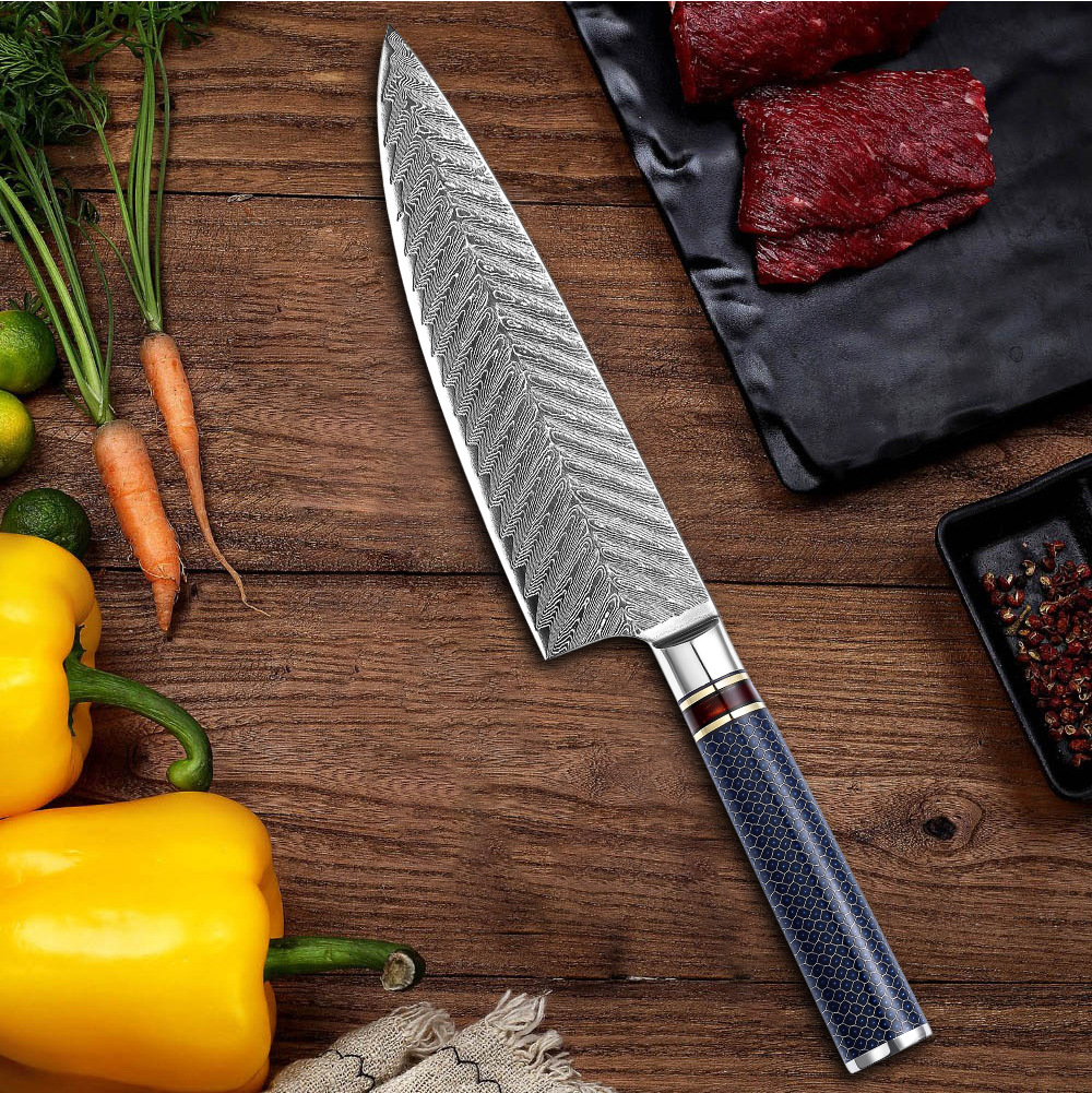 Chef Knife Damascus Vg10 Sharp Cleaver Peeling Blue Resin Honeycomb Home Kitchen Small Kitchen Knife