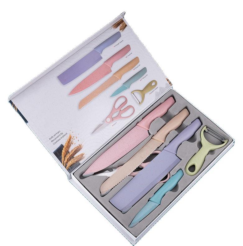 Kitchen Knife Color Six-Piece Gift Knife Set New Wheat Straw Household Kitchen Stainless Steel Kitchen Knife
