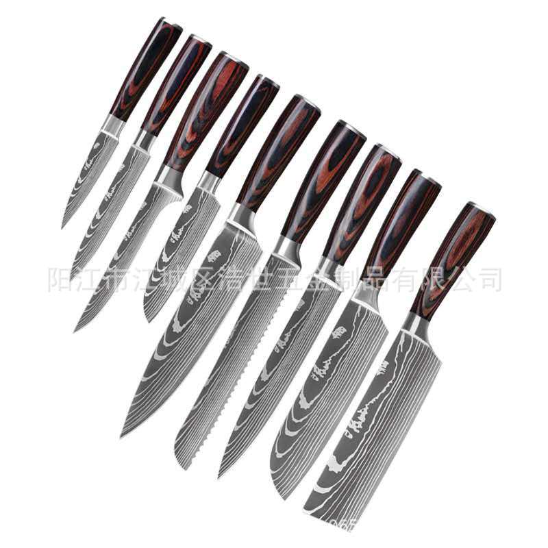 Spot Stainless Steel Damascus Pattern Chef Knife Kitchen Knife Meat Knife Kitchen Knife 9Piece Set Knife