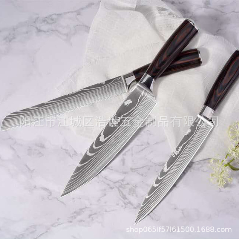 Spot Stainless Steel Damascus Pattern Chef Knife Kitchen Knife Meat Knife Kitchen Knife 9Piece Set Knife Spot Stainless Steel Damascus Pattern Chef Knife Kitchen Knife Meat Knife Kitchen Knife 9Piece Set Knife