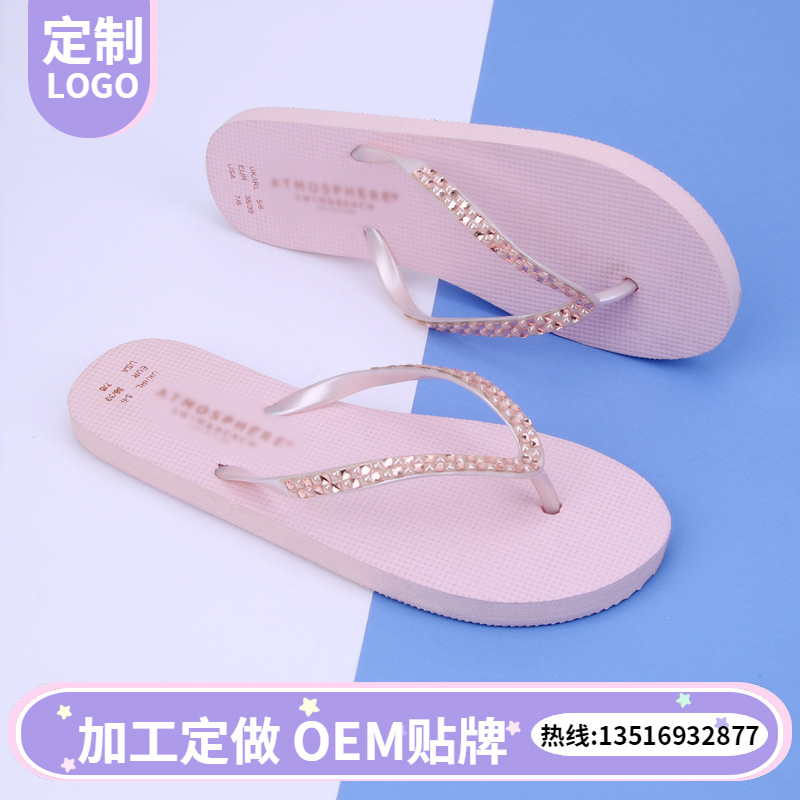 Foreign Trade Summer New Sandals Women&#039;s Shoes Fashion Handmade Stick-on Crystals Beach Shoes Flip-Flops Source Factory Customization