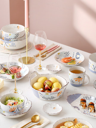 Snowflake Creative Japanese Style Hand Drawn Ceramic Bowl Plate Rice Bowl Simple Noodle Bowl Soup Bowl Dish Small Spoon
