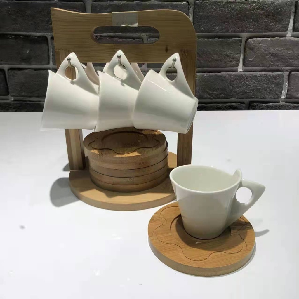 Ceramic 6 Cups 6 Plates Coffee Set Ceramic Cup Wooden Plate Bamboo Rack Points Exchange Supermarket Promotional Gifts