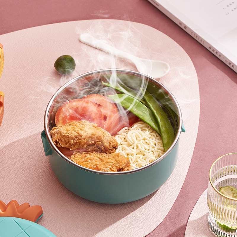 Cute Pineapple Stainless Steel Instant Noodle Bowl Insulation Buckle with Lid Instant Noodle Bowl Canteen Dormitory Students Lunch Box Wholesale