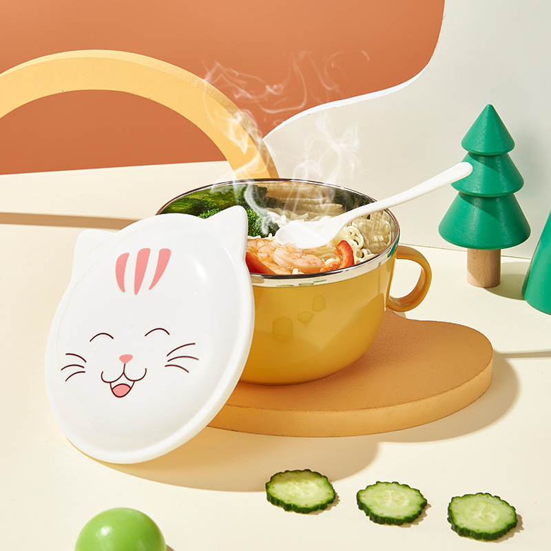 New 304 Stainless Steel Double Layer Instant Noodle Bowl Cute Kitty Bubble Instant Noodle Bowl Large Capacity Student Instant Noodle Bowl Instant Noodle Bowl