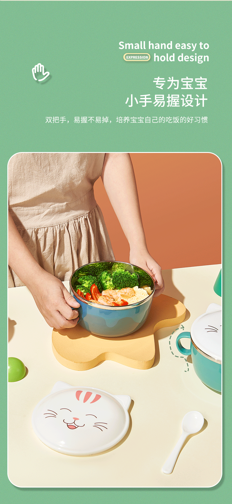 New 304 Stainless Steel Double Layer Instant Noodle Bowl Cute Kitty Bubble Instant Noodle Bowl Large Capacity Student Instant Noodle Bowl Instant Noodle Bowl