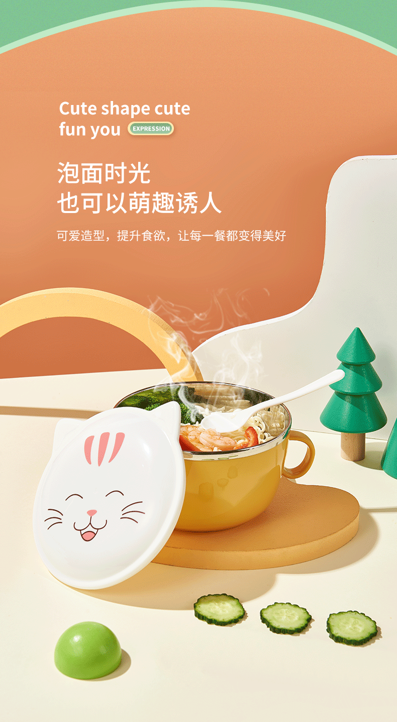 New 304 Stainless Steel Double Layer Instant Noodle Bowl Cute Kitty Bubble Instant Noodle Bowl Large Capacity Student Instant Noodle Bowl Instant Noodle Bowl