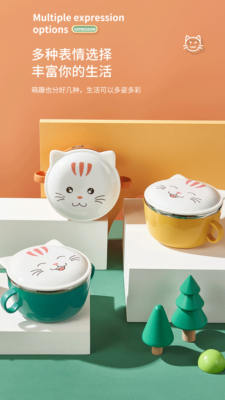 New 304 Stainless Steel Double Layer Instant Noodle Bowl Cute Kitty Bubble Instant Noodle Bowl Large Capacity Student Instant Noodle Bowl Instant Noodle Bowl