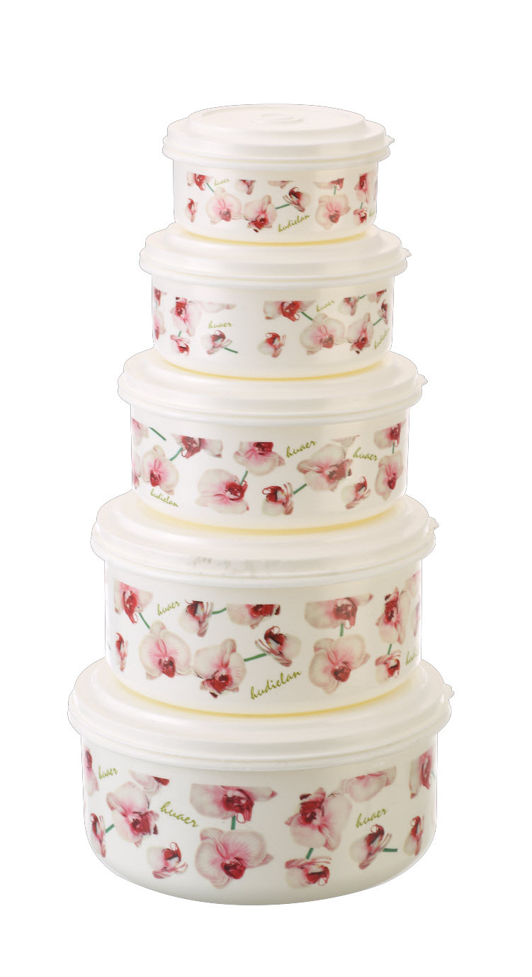 Five-Piece Printing Freshness Bowl Plastic Crisper Customizable Pattern round Bowl Snack Storage Box