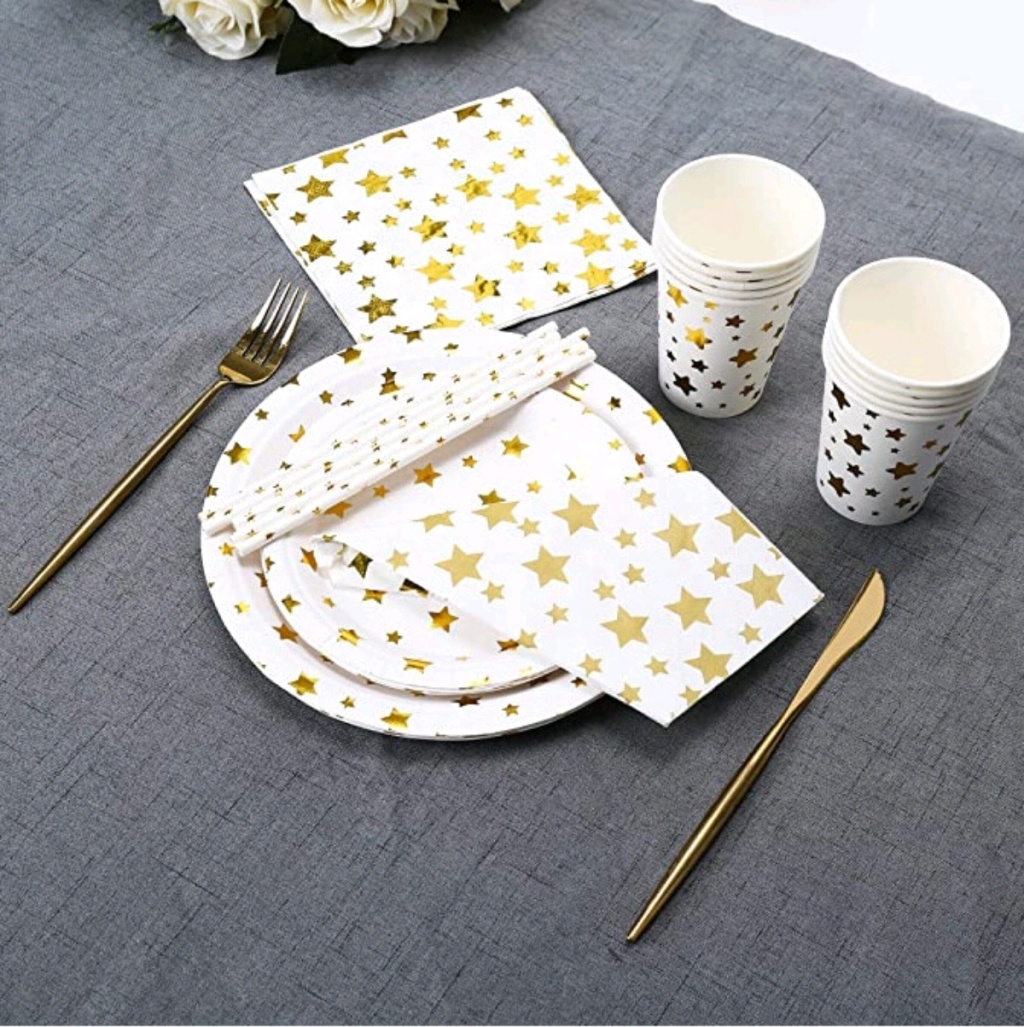 Hot Five-Pointed Star Gilding Birthday Party Tableware Set Gilding Paper Cup Paper Pallet Disposable Cake Paper Plate Hot Five-Pointed Star Gilding Birthday Party Tableware Set Gilding Paper Cup Paper Pallet Disposable Cake Paper Plate