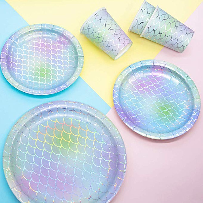 Amazon custom mermaid birthday party tableware paper cup paper plate tissue party set for 10 people