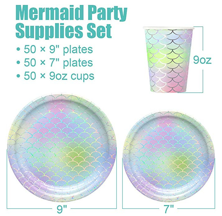 Amazon custom mermaid birthday party tableware paper cup paper plate tissue party set for 10 people