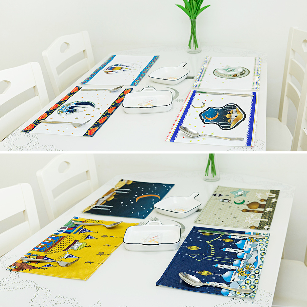 Muslim Eid Fabric Craft Placemat Household Linen Waterproof Insulated Table Cloth Ramadan Moon West Tableware Mat