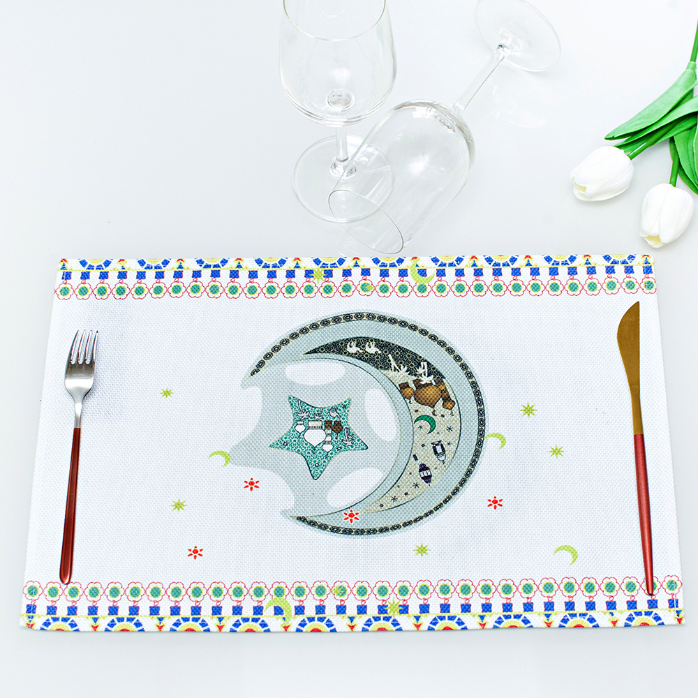 Muslim Eid Fabric Craft Placemat Household Linen Waterproof Insulated Table Cloth Ramadan Moon West Tableware Mat