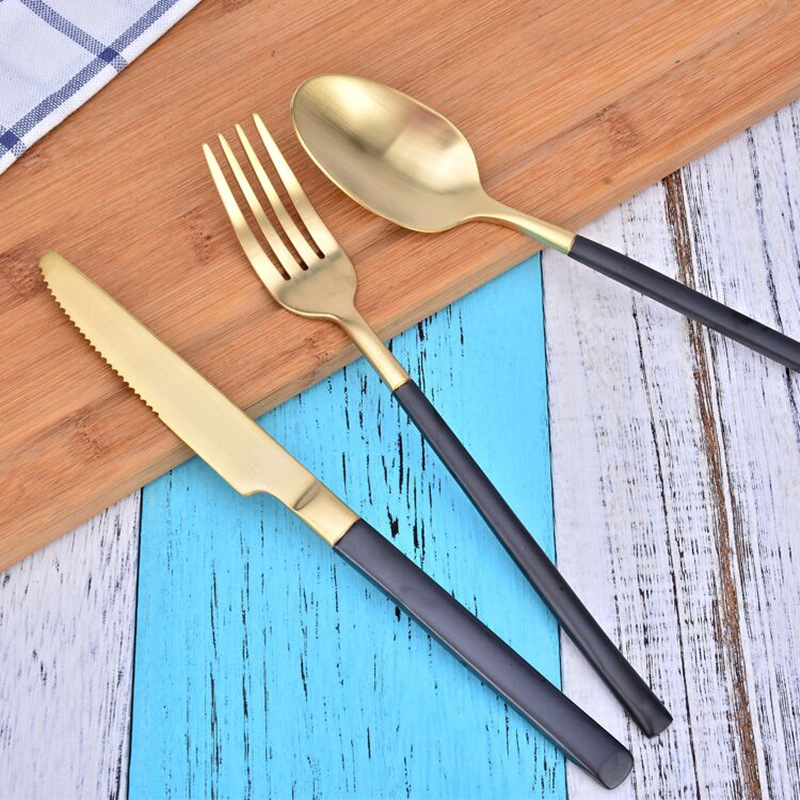 Factory Value SD-11 Series Black Gold Western Tableware 304 Stainless Steel Knife, Fork and Spoon Creative Square Handle Steak Knife and Fork