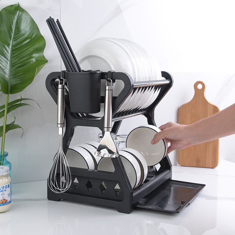 Kitchen Storage Tableware Plastic Dish Rack Draining Rack Hot-Selling Household Double-Layer Kitchen Rack Draining Rack