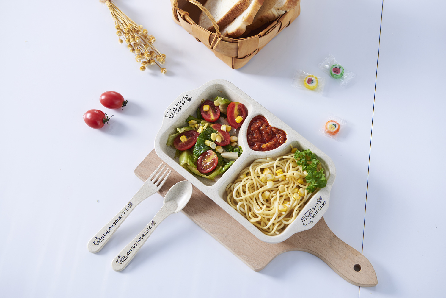 Printed Love Environmental Protection Wheat Straw Children's Home Tableware Food Tray Set with Children's Chopsticks Spoon Fork