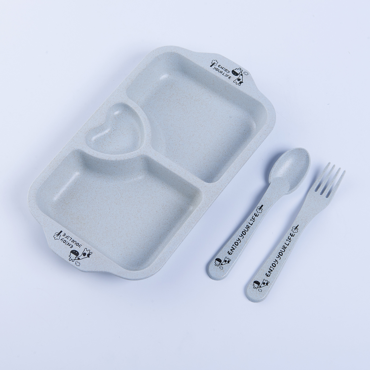 Printed Love Environmental Protection Wheat Straw Children's Home Tableware Food Tray Set with Children's Chopsticks Spoon Fork