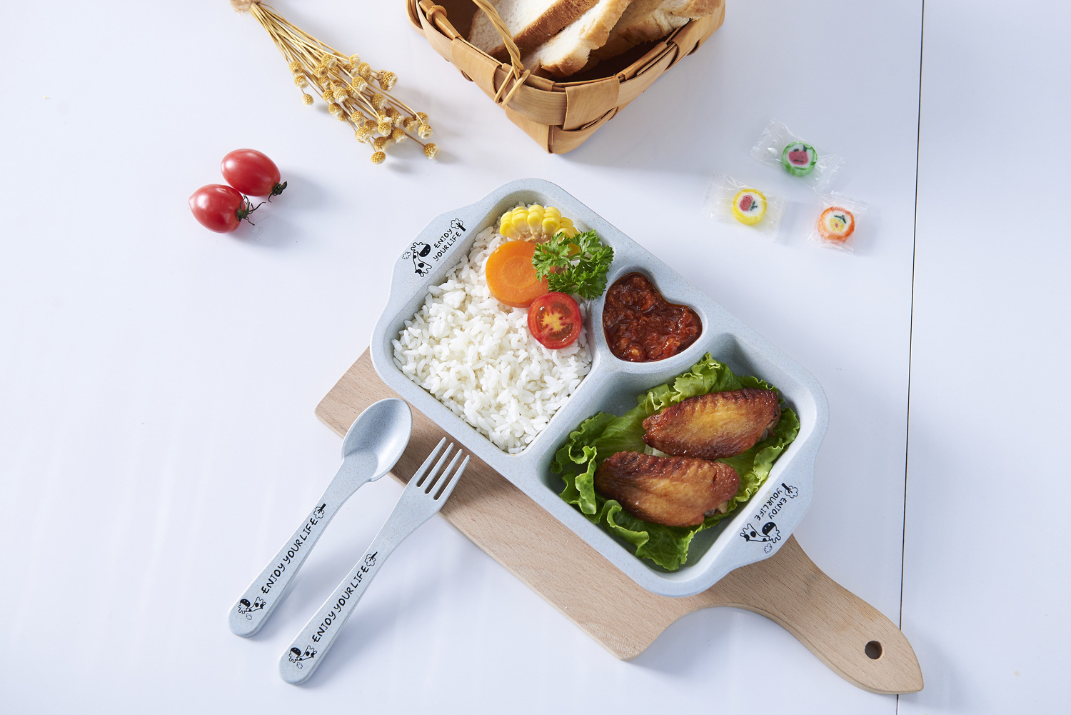 Printed Love Environmental Protection Wheat Straw Children's Home Tableware Food Tray Set with Children's Chopsticks Spoon Fork
