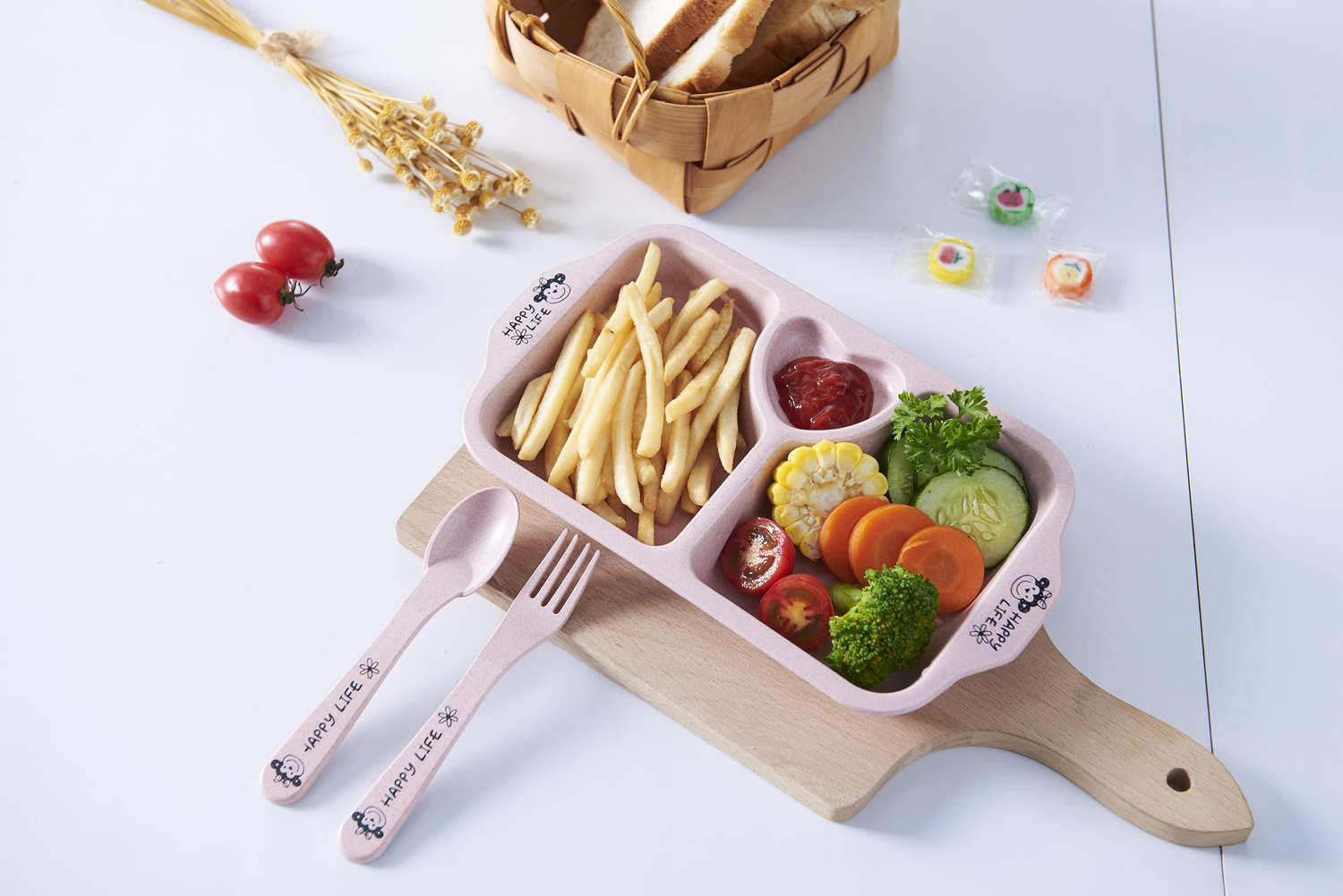 Printed Love Environmental Protection Wheat Straw Children's Home Tableware Food Tray Set with Children's Chopsticks Spoon Fork