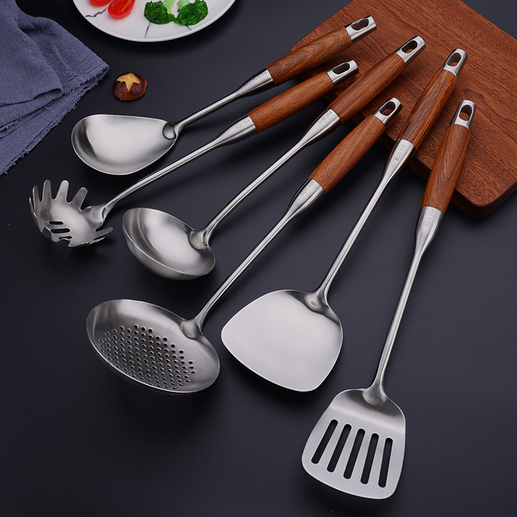 304 Stainless Steel Kitchen Set Household Rosewood Spatula and Soup Spoon Spatula Large Perforated Ladle Kitchenware Set
