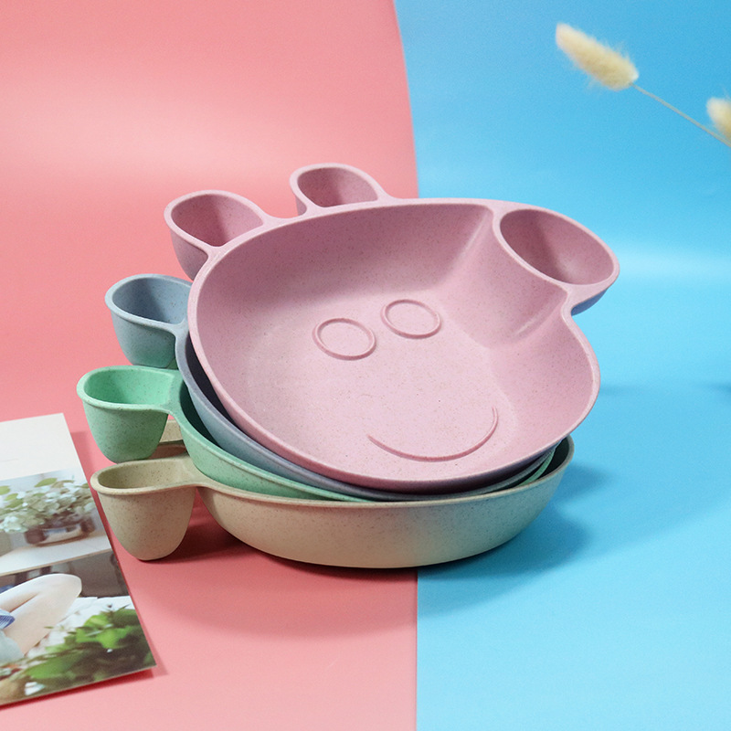 Children&#039;s Wheat Straw Grid Plate Bowl Fork Spoon and Chopsticks Four-Piece Cartoon Creative Page Gift Tableware Set