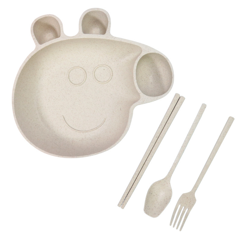 Children&#039;s Wheat Straw Grid Plate Bowl Fork Spoon and Chopsticks Four-Piece Cartoon Creative Page Gift Tableware Set
