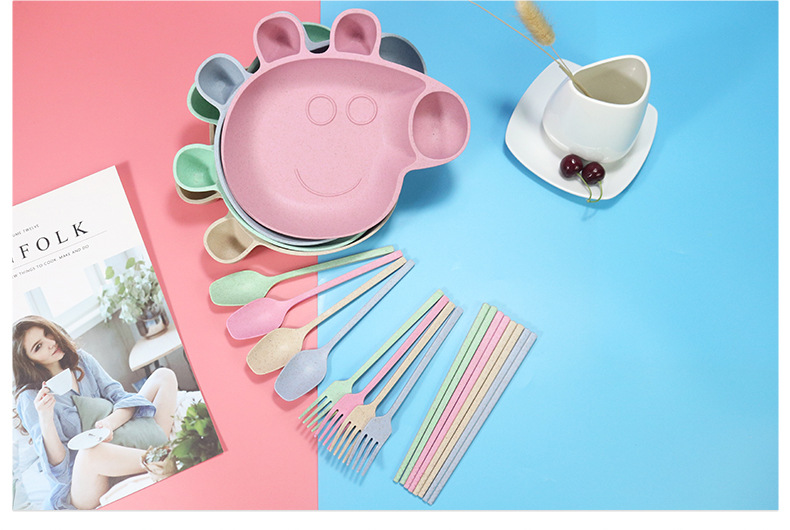 Children's Wheat Straw Grid Plate Bowl Fork Spoon and Chopsticks Four-Piece Cartoon Creative Page Gift Tableware Set Children's Wheat Straw Grid Plate Bowl Fork Spoon and Chopsticks Four-Piece Cartoon Creative Page Gift Tableware Set