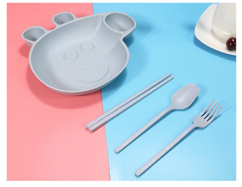 Children's Wheat Straw Grid Plate Bowl Fork Spoon and Chopsticks Four-Piece Cartoon Creative Page Gift Tableware Set Children's Wheat Straw Grid Plate Bowl Fork Spoon and Chopsticks Four-Piece Cartoon Creative Page Gift Tableware Set