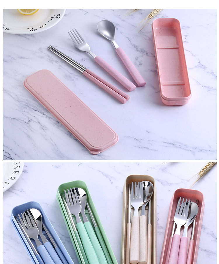 304 Stainless Steel Spoon Fork Chopsticks Wheat Straw Three-Piece Tableware Student Travel Portable Tableware Set 304 Stainless Steel Spoon Fork Chopsticks Wheat Straw Three-Piece Tableware Student Travel Portable Tableware Set