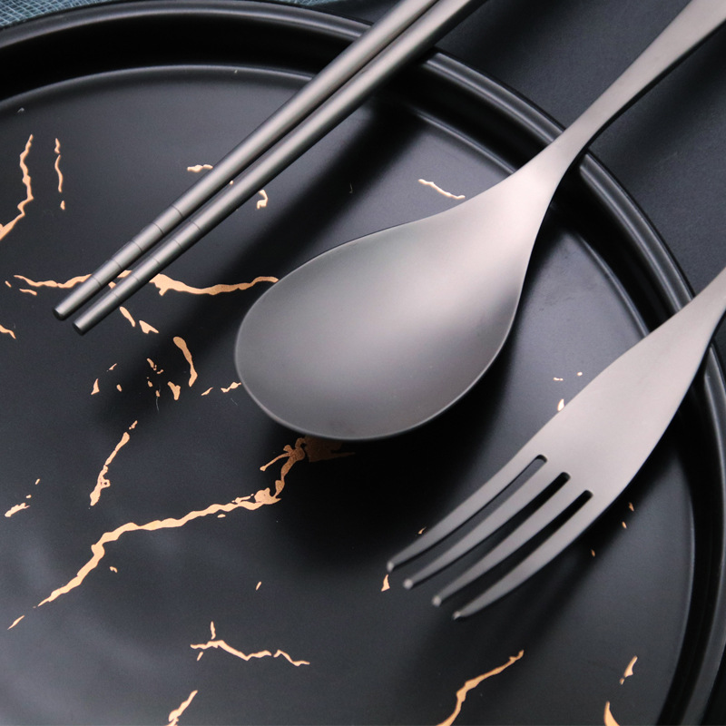 2021 Chinese New Style Titanium Material Black Gold Six-Piece Tableware Fork Chopsticks Set Restaurant Hotel Customizable Wholesale