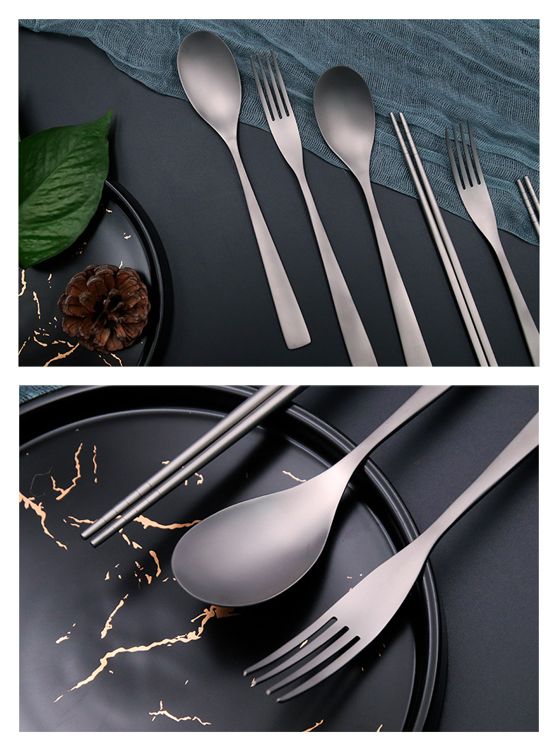 2021 Chinese New Style Titanium Material Black Gold Six-Piece Tableware Fork Chopsticks Set Restaurant Hotel Customizable Wholesale