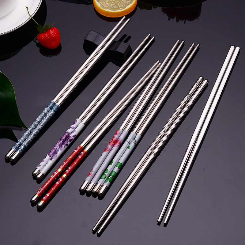 2021 New Blue and White Porcelain Printing Chinese Mirror Polished round Chopsticks 201 Stainless Steel Household Hotel Tableware