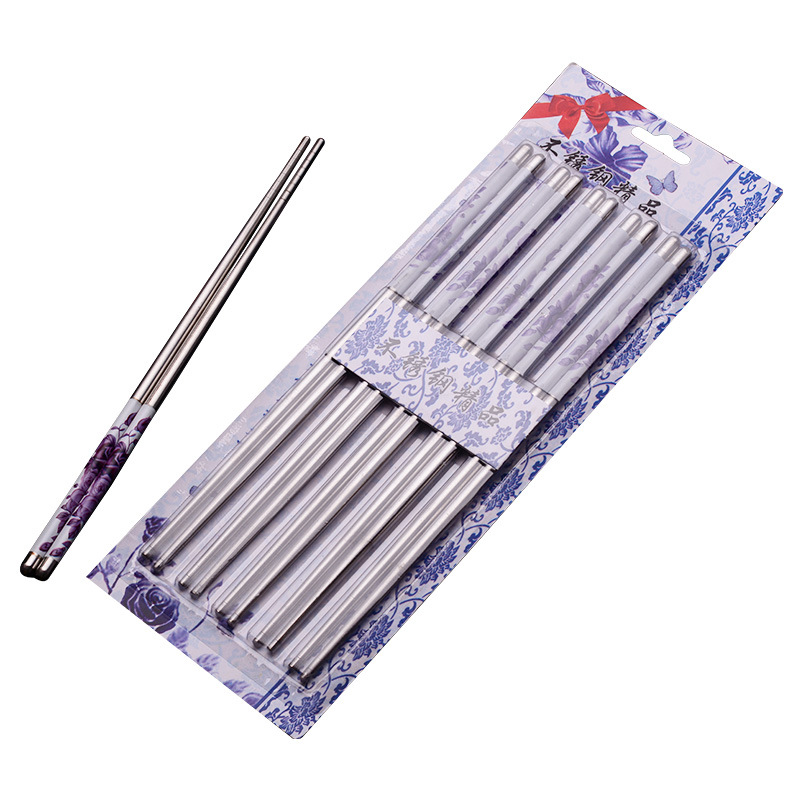 2021 New Blue and White Porcelain Printing Chinese Mirror Polished round Chopsticks 201 Stainless Steel Household Hotel Tableware