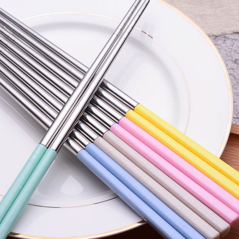 SOURCE Factory Direct Supply 5 Pairs of Wheat Straw 304 Stainless Steel Chopsticks Tableware Large Wholesale Degradable Material